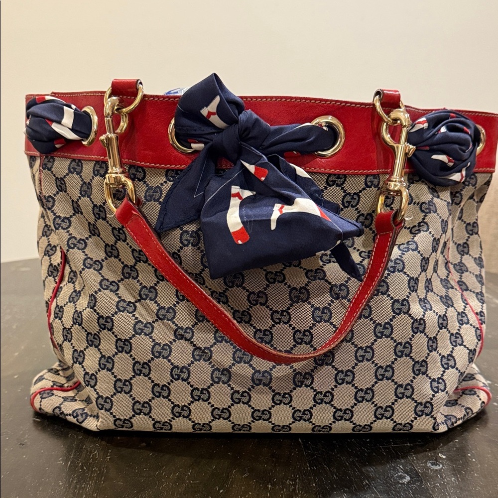Gucci Vintage Red and Navy Protected Canvas Tote Bag with 100% Silk Gucci Scarf